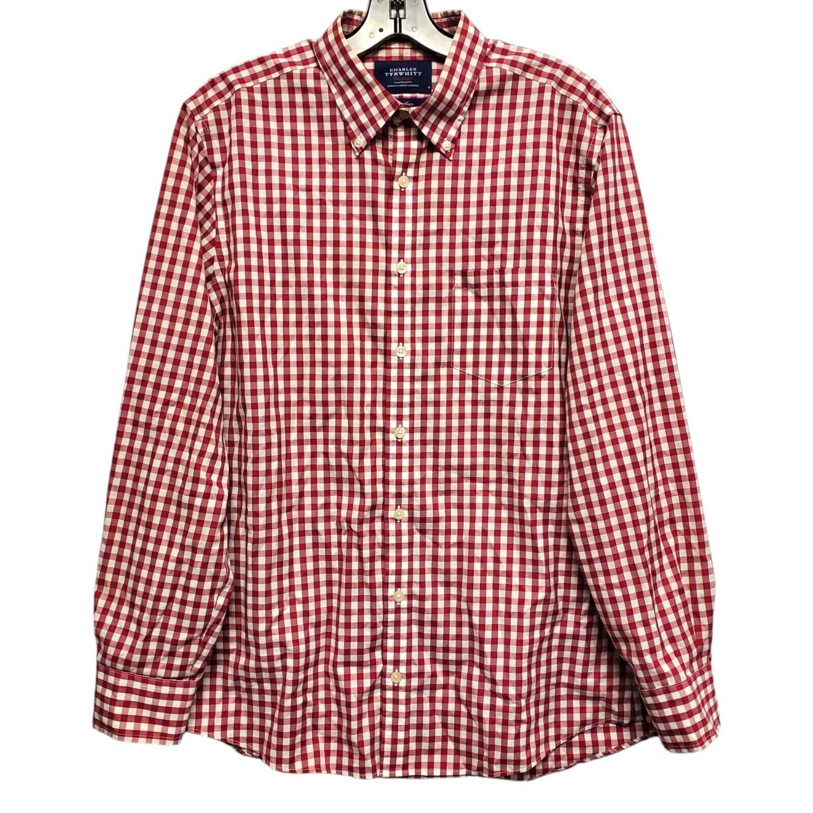 Charles Tyrwhitt Shirt Weekend Mens Medium Red White Gingham Plaid Slim Fit